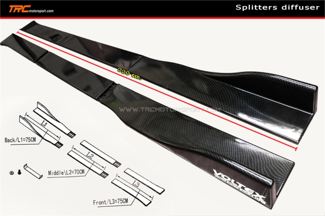 ครอบสเกิร์ตข้าง VOLTEX ยาว 220 cm. เคฟล่า ออกแบบให้ตัดและต่อได้ สามรถติดตั้งได้ทุกรุ่น (Side Diffuser)